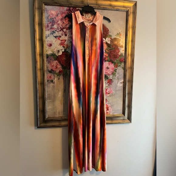Watercolor Boho Colorful Sleeveless Maxi Dress with Velvet Collar NWOT - Picture 1 of 5